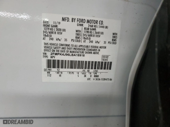 2020 Ford Edge SEL with VIN 2FMPK4J96LBA18918, listed as a Copart auction lot 45874675 with 0 mi miles and Salvage Title. Bid and sale history available at carsss.com. Image 15.