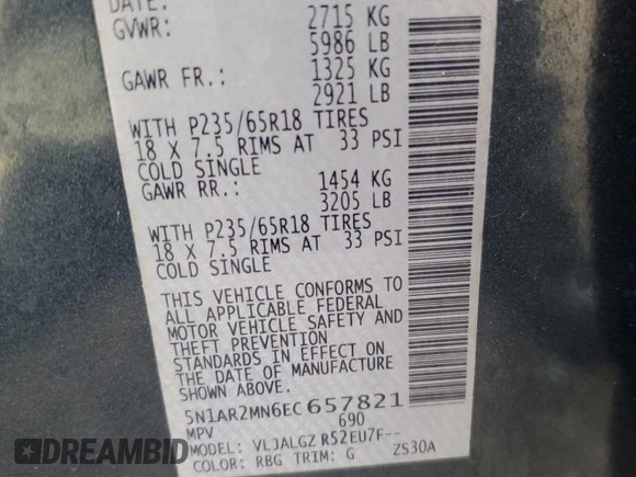 2014 Nissan Pathfinder SL with VIN 5N1AR2MN6EC657821, listed as a Copart auction lot 55261205 with 167,317 mi miles and Clean Title. Bid and sale history available at DreamBid. Image 13.