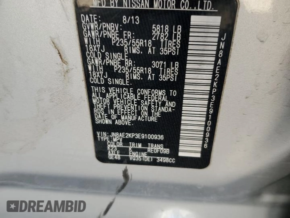 2014 Nissan Quest SV z VIN JN8AE2KP3E9100936, wystawiony jako Copart lot #46154645 z przebiegiem 129 084 mil mil oraz Szkoda całkowita • Salvage title. Historia ofert i sprzedaży dostępna na DreamBid. Obrazek 14.