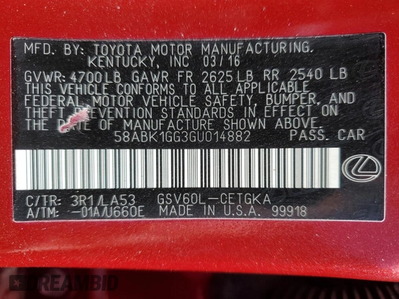 2016 Lexus ES 330 z VIN 58ABK1GG3GU014882, wystawiony jako Copart lot #56576305 z przebiegiem 45 415 mil mil oraz Szkoda całkowita • Salvage title. Historia ofert i sprzedaży dostępna na DreamBid. Obrazek 12.