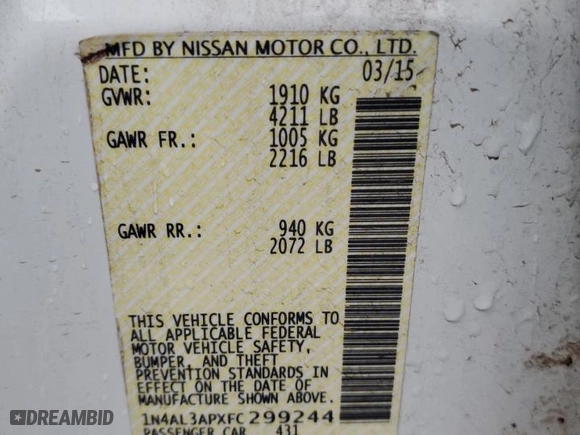 2015 Nissan Altima 2.5 with VIN 1N4AL3APXFC299244, listed as a Copart auction lot 51259335 with 105,479 mi miles and Salvage Title. Bid and sale history available at carsss.com. Image 13.