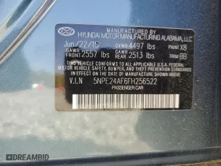 2015 Hyundai Sonata 2.4L SE with VIN 5NPE24AF6FH256522, listed as a Copart auction lot 53646515 with 109,761 mi miles and Clean Title. Bid and sale history available at carsss.com. Image 12.