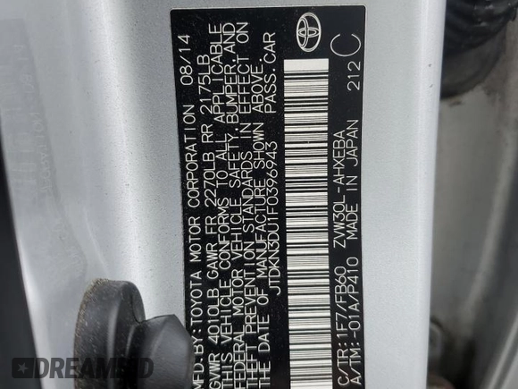2015 Toyota Prius Four with VIN JTDKN3DU1F0396943, listed as a Copart auction lot 59173815 with 137,630 mi miles and Salvage title. Bid and sale history available at DreamBid. Image 12.