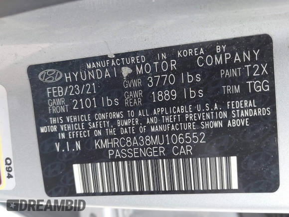2021 Hyundai Venue SEL with VIN KMHRC8A38MU106552, listed as a IAAI auction lot 41699288 with 141,489 mi miles and . Bid and sale history available at carsss.com. Image 9.