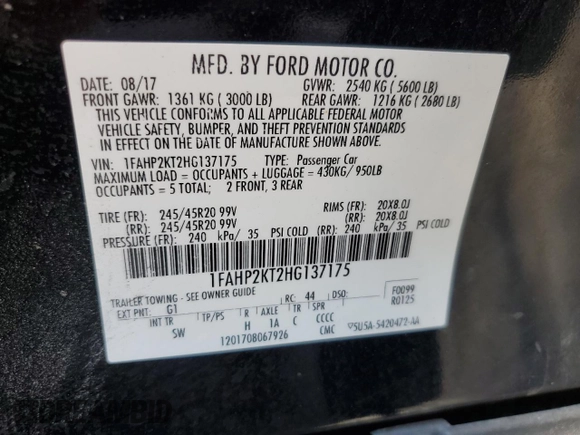 2017 Ford Taurus SHO z VIN 1FAHP2KT2HG137175, wystawiony jako Copart lot #63456505 z przebiegiem 72 402 mil mil oraz Szkoda całkowita • Salvage title. Historia ofert i sprzedaży dostępna na DreamBid. Obrazek 12.