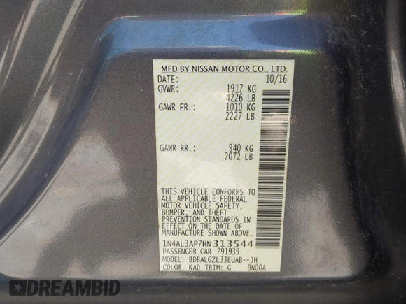 2017 Nissan Altima SR with VIN 1N4AL3AP7HN313544, listed as a IAAI auction lot 42329185 with 111,730 mi miles and . Bid and sale history available at DreamBid. Image 9.