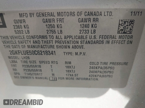 2012 GMC Terrain SLT-1 with VIN 2GKFLUE50C6218341, listed as a IAAI auction lot 42747159 with 218,606 mi miles and . Bid and sale history available at DreamBid. Image 9.