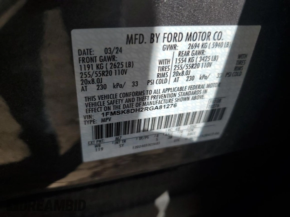 2024 Ford Explorer XLT с VIN 1FMSK8DH2RGA81276, выставлен на аукционе Copart как лот 57117385 с пробегом 13 693 миль миль и Чистый • Clean title. История ставок и продаж доступна на DreamBid. Изображение 13.