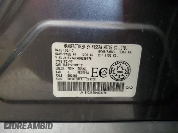 2017 Infiniti Q50 Premium z VIN JN1EV7AR7HM839776, wystawiony jako Copart lot #55572865 z przebiegiem 84 822 mil mil oraz Szkoda całkowita • Salvage title. Historia ofert i sprzedaży dostępna na DreamBid. Obrazek 12.