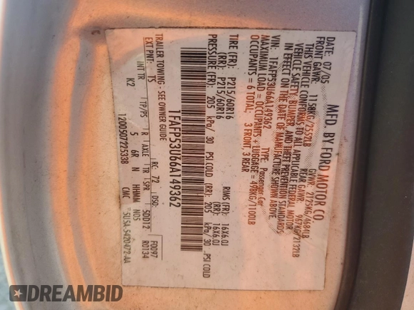 2006 Ford Taurus SE with VIN 1FAFP53U66A149362, listed as a Copart auction lot 64271155 with 166,532 mi miles and Salvage title. Bid and sale history available at DreamBid. Image 12.
