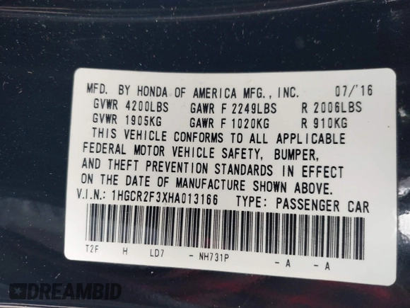 2017 Honda Accord LX with VIN 1HGCR2F3XHA013166, listed as a IAAI auction lot 41929001 with 193,951 mi miles. Bid and sale history available at carsss.com. Image 9.