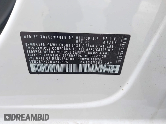 2017 Volkswagen Jetta SE с VIN 3VWDB7AJ7HM210175, выставлен на аукционе IAAI как лот 42573729 с пробегом 95 563 миль миль и . История ставок и продаж доступна на DreamBid. Изображение 9.