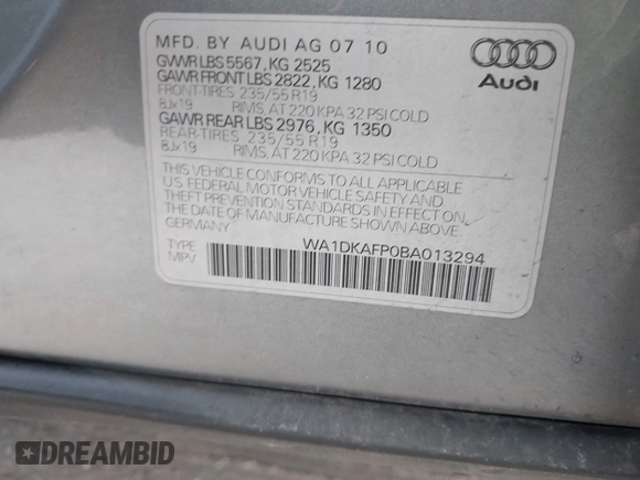 2011 Audi Q5 3.2L Premium Plus with VIN WA1DKAFP0BA013294, listed as a IAAI auction lot 41296063 with 96,609 mi miles. Bid and sale history available at carsss.com. Image 9.