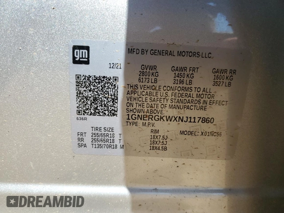 2022 Chevrolet Traverse LT Cloth z VIN 1GNERGKWXNJ117860, wystawiony jako Copart lot #52533485 z przebiegiem Nie podano mil oraz Szkoda całkowita • Salvage title. Historia ofert i sprzedaży dostępna na DreamBid. Obrazek 13.