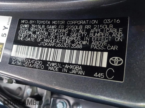 2016 Toyota Prius Four with VIN JTDKARFU6G3013588, listed as a IAAI auction lot 41507590 with 174,360 mi miles. Bid and sale history available at carsss.com. Image 9.