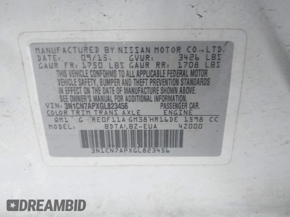 2016 Nissan Versa S with VIN 3N1CN7APXGL823456, listed as a IAAI auction lot 42685323 with 93,178 mi miles and . Bid and sale history available at DreamBid. Image 9.
