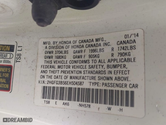 2014 Honda Civic Coupe LX with VIN 2HGFG3B56EH504587, listed as a IAAI auction lot 41569539 with 168,952 mi miles. Bid and sale history available at carsss.com. Image 9.