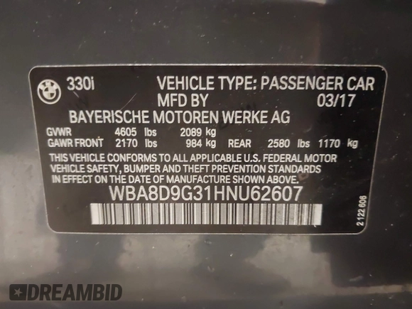 2017 BMW 3 Series 330i xDrive with VIN WBA8D9G31HNU62607, listed as a IAAI auction lot 42290112 with 76,427 mi miles and . Bid and sale history available at DreamBid. Image 9.