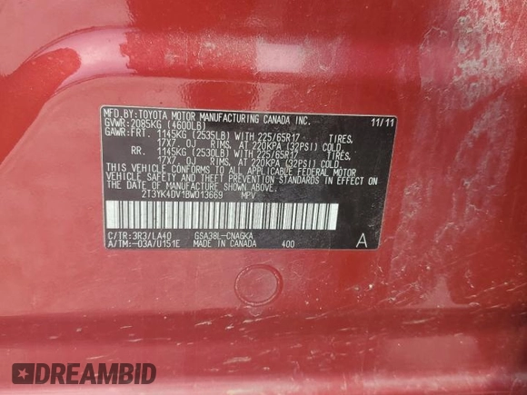 2011 Toyota RAV4 Limited with VIN 2T3YK4DV1BW013669, listed as a Copart auction lot 65359804 with 134,607 mi miles and Salvage title. Bid and sale history available at DreamBid. Image 13.