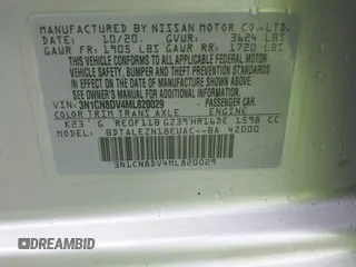 2021 Nissan Versa S with VIN 3N1CN8DV4ML820029, listed as a IAAI auction lot 42199581 with 109,743 mi miles and . Bid and sale history available at DreamBid. Image 9.