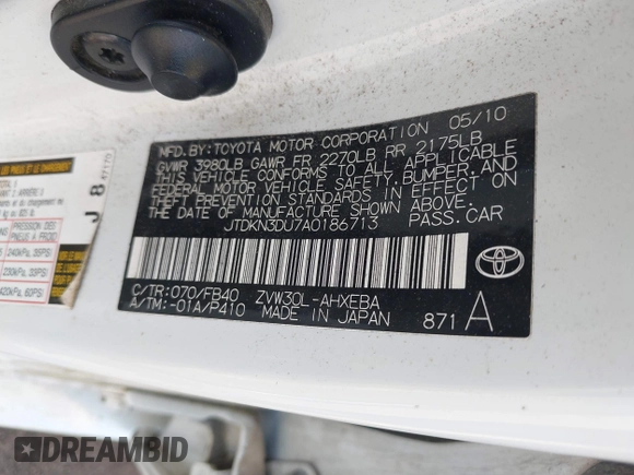 2010 Toyota Prius II with VIN JTDKN3DU7A0186713, listed as a IAAI auction lot 42139517 with 203,759 mi miles. Bid and sale history available at carsss.com. Image 9.