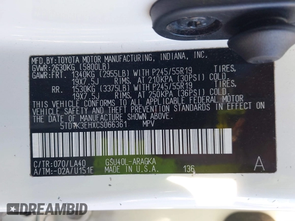 2012 Toyota Highlander Limited with VIN 5TDYK3EHXCS066361, listed as a IAAI auction lot 41479998 with 161,592 mi miles and . Bid and sale history available at DreamBid. Image 9.
