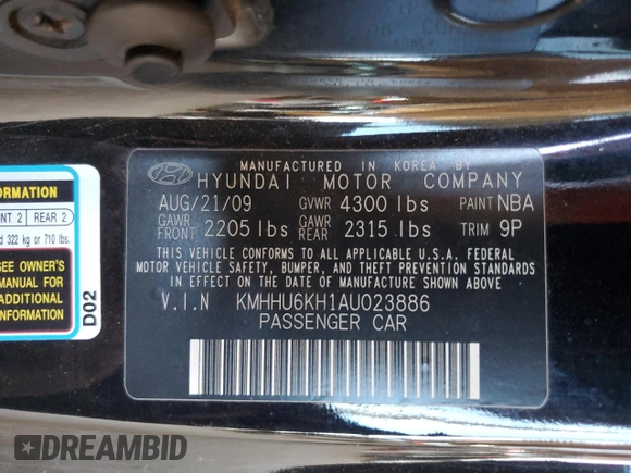 2010 Hyundai Genesis Coupe with VIN KMHHU6KH1AU023886, listed as a Copart auction lot 46262545 with 172,344 mi miles and Salvage title. Bid and sale history available at DreamBid. Image 12.