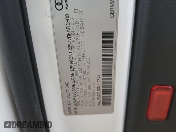 2019 Audi A6 Premium Plus with VIN WAUE8AF22KN117577, listed as a Copart auction lot 50819225 with 28,204 mi miles and Salvage Title. Bid and sale history available at carsss.com. Image 12.