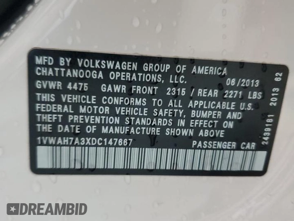 2013 Volkswagen Passat Wolfsburg Edition z VIN 1VWAH7A3XDC147667, wystawiony jako Copart lot #56549415 z przebiegiem 76 644 mil mil oraz Szkoda całkowita • Salvage title. Historia ofert i sprzedaży dostępna na DreamBid. Obrazek 12.