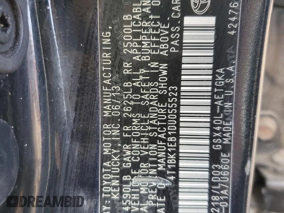 2013 Toyota Avalon XLE with VIN 4T1BK1EB1DU055523, listed as a Copart auction lot 52527445 with 139,107 mi miles and Salvage Title. Bid and sale history available at DreamBid. Image 15.