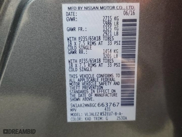 2016 Nissan Pathfinder SV with VIN 5N1AR2MN8GC663767, listed as a Copart auction lot 45765855 with 57,078 mi miles and Salvage Title. Bid and sale history available at carsss.com. Image 15.