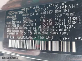 2023 Hyundai Kona SE with VIN KM8K2CAB5PU040450, listed as a IAAI auction lot 41490951 with 35,470 mi miles. Bid and sale history available at carsss.com. Image 9.