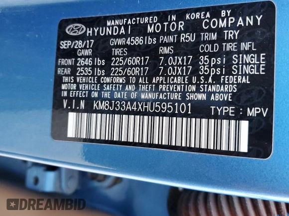 2017 Hyundai Tucson SE with VIN KM8J33A4XHU595101, listed as a Copart auction lot 47773465 with 120,430 mi miles and Salvage Title. Bid and sale history available at DreamBid. Image 14.