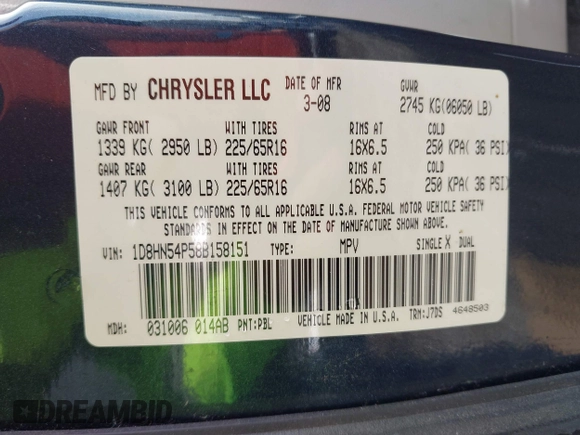 2008 Dodge Grand Caravan SXT with VIN 1D8HN54P58B158151, listed as a IAAI auction lot 42098191 with 219,722 mi miles and . Bid and sale history available at DreamBid. Image 9.