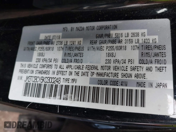 2019 Mazda CX-9 Touring with VIN JM3TCBCY6K0300248, listed as a IAAI auction lot 42310992 with 112,707 mi miles and . Bid and sale history available at DreamBid. Image 9.