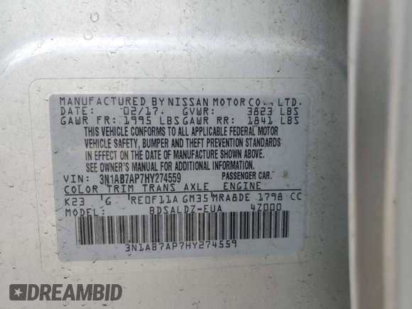 2017 Nissan Sentra S with VIN 3N1AB7AP7HY274559, listed as a Copart auction lot 49790835 with 127,446 mi miles and Salvage Title. Bid and sale history available at DreamBid. Image 12.