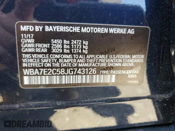 2018 BMW 7 Series 740i with VIN WBA7E2C58JG743126, listed as a Copart auction lot 53843795 with 90,614 mi miles and Salvage title. Bid and sale history available at DreamBid. Image 13.