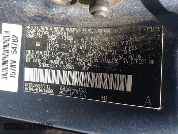 2013 Toyota Sienna LE AAS with VIN 5TDKK3DCXDS350005, listed as a IAAI auction lot 42470301 with 345,695 mi miles and . Bid and sale history available at DreamBid. Image 9.