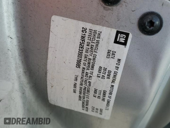 2003 Chevrolet Impala z VIN 2G1WF52E339378685, wystawiony jako Copart lot #56637495 z przebiegiem 63 890 mil mil oraz Szkoda całkowita • Salvage title. Historia ofert i sprzedaży dostępna na DreamBid. Obrazek 12.