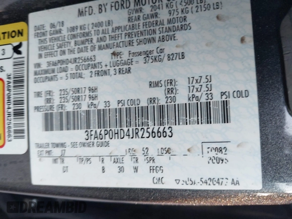 2018 Ford Fusion SE with VIN 3FA6P0HD4JR256663, listed as a IAAI auction lot 42814801 with 112,809 mi miles and . Bid and sale history available at DreamBid. Image 9.