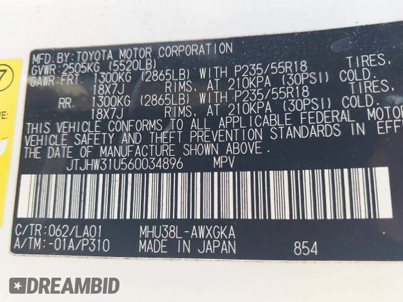 2006 Lexus RX 400h with VIN JTJHW31U560034896, listed as a IAAI auction lot 42053635 with 189,409 mi miles and . Bid and sale history available at DreamBid. Image 9.