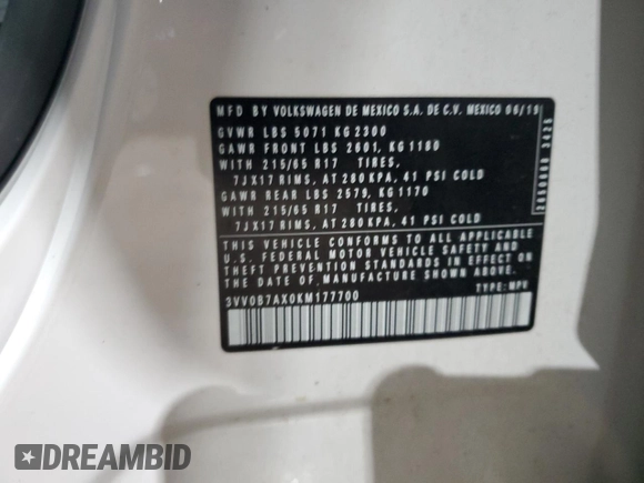2019 Volkswagen Tiguan S with VIN 3VV0B7AX0KM177700, listed as a Copart auction lot 46752785 with 54,738 mi miles and Salvage title. Bid and sale history available at DreamBid. Image 15.