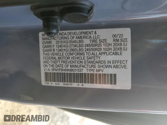 2022 Honda Pilot Touring 7-Passenger with VIN 5FNYF5H69NB031537, listed as a Copart auction lot 48986685 with 88,301 mi miles and Salvage title. Bid and sale history available at DreamBid. Image 15.