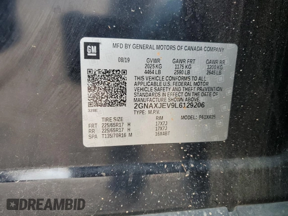 2020 Chevrolet Equinox LT z VIN 2GNAXJEV9L6129206, wystawiony jako Copart lot #49476475 z przebiegiem 73 011 mil mil oraz Szkoda całkowita • Salvage title. Historia ofert i sprzedaży dostępna na DreamBid. Obrazek 13.