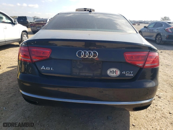 2014 Audi A8 L 4.0T with VIN WAUR2AFD6EN003560, listed as a Copart auction lot 43628395 with 158,188 mi miles and Salvage Title. Bid and sale history available at carsss.com. Image 6.