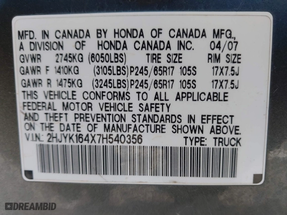2007 Honda Ridgeline RTS with VIN 2HJYK164X7H540356, listed as a IAAI auction lot 41253937 with 1 mi miles. Bid and sale history available at carsss.com. Image 9.