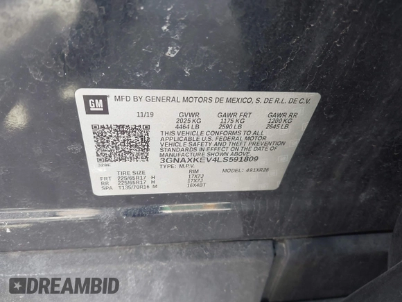 2020 Chevrolet Equinox LT with VIN 3GNAXKEV4LS591809, listed as a IAAI auction lot 41830359 with 24,452 mi miles. Bid and sale history available at carsss.com. Image 9.