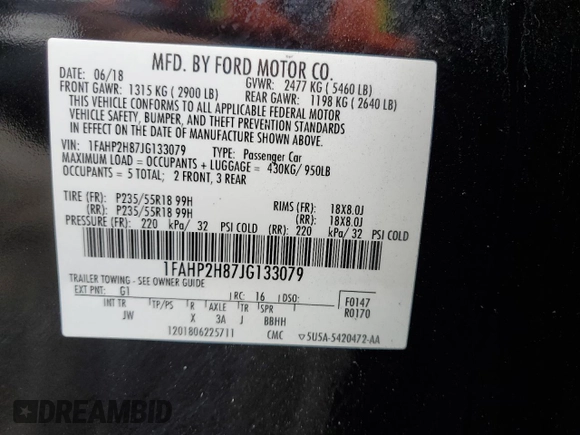 2018 Ford Taurus SEL with VIN 1FAHP2H87JG133079, listed as a Copart auction lot 53460824 with 170,481 mi miles and Salvage Title. Bid and sale history available at carsss.com. Image 13.