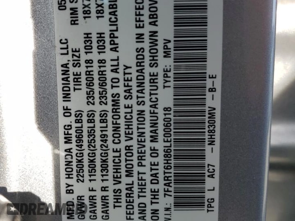 2020 Honda CR-V EX-L with VIN 7FART6H86LE006018, listed as a Copart auction lot 59805825 with 110,322 mi miles and Salvage title. Bid and sale history available at DreamBid. Image 13.