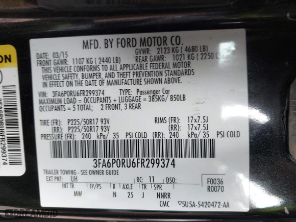 2015 Ford Fusion Titanium Hybrid with VIN 3FA6P0RU6FR299374, listed as a IAAI auction lot 41576007 with 191,285 mi miles. Bid and sale history available at carsss.com. Image 9.